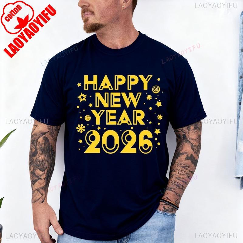 Frohes Neues Jahr 2026 Erwachsenen T-Shirt für Männer und Frauen Rundhalsausschnitt Kurzarm Baumwolle Oberteil Alle Jahreszeiten Lässige Mode Weich Bequem
