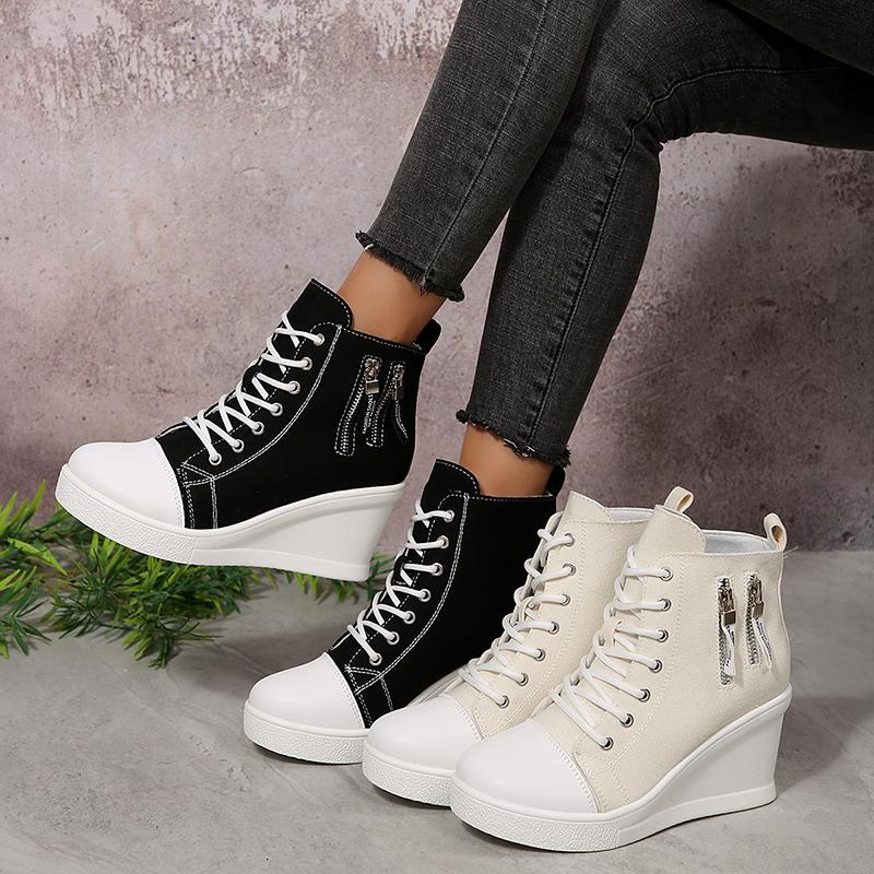 Fashion Women's Black White Wedge Sneakers Fashion High Top Lace Up Canvas Shoes for Women Lightweight Casual Platform Vulcanized Shoes