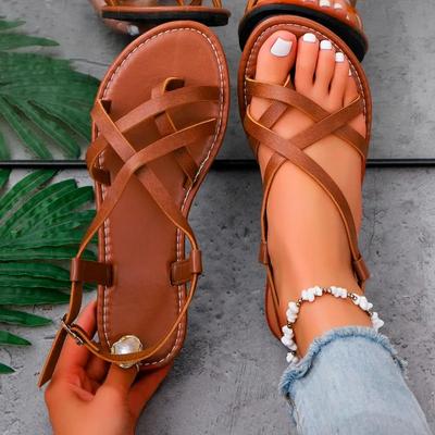 New Round Toe Open Toe Thin Strap Metal Buckle One Strap Sandals Summer Soft Sole Anti-slip Wear-resistant Flats