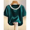 Spring Summer French Style Pearl Round Neck Satin Short Sleeve Shirt T-shirt