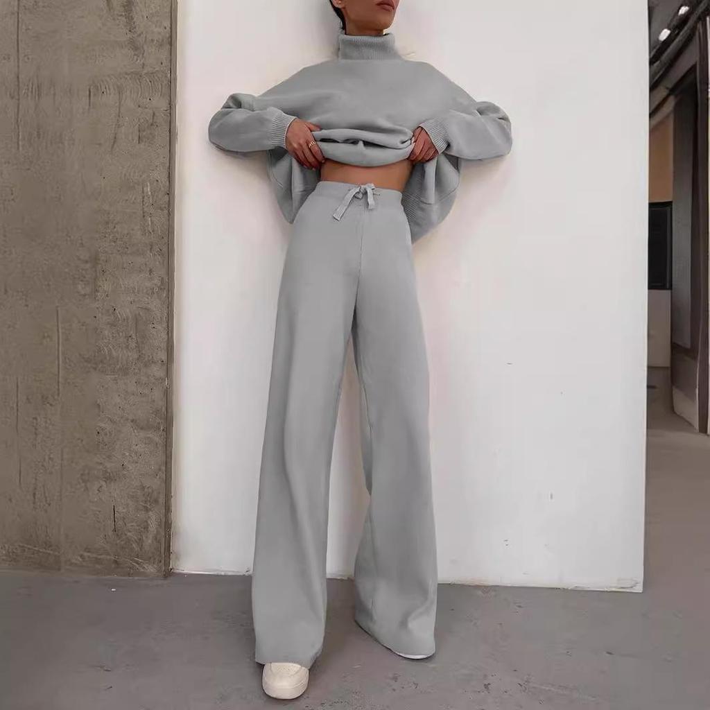 2025 European Style Brown Two-Piece: Long Sleeve High Neck Hoodie & Elegant Wide-Leg Pants