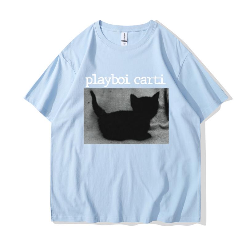 Playboi Carti Oversized Hip-Hop T Shirts Cute Cat Harajuku Print Tee Regular Mens Tops Quality Rapper Tshirt