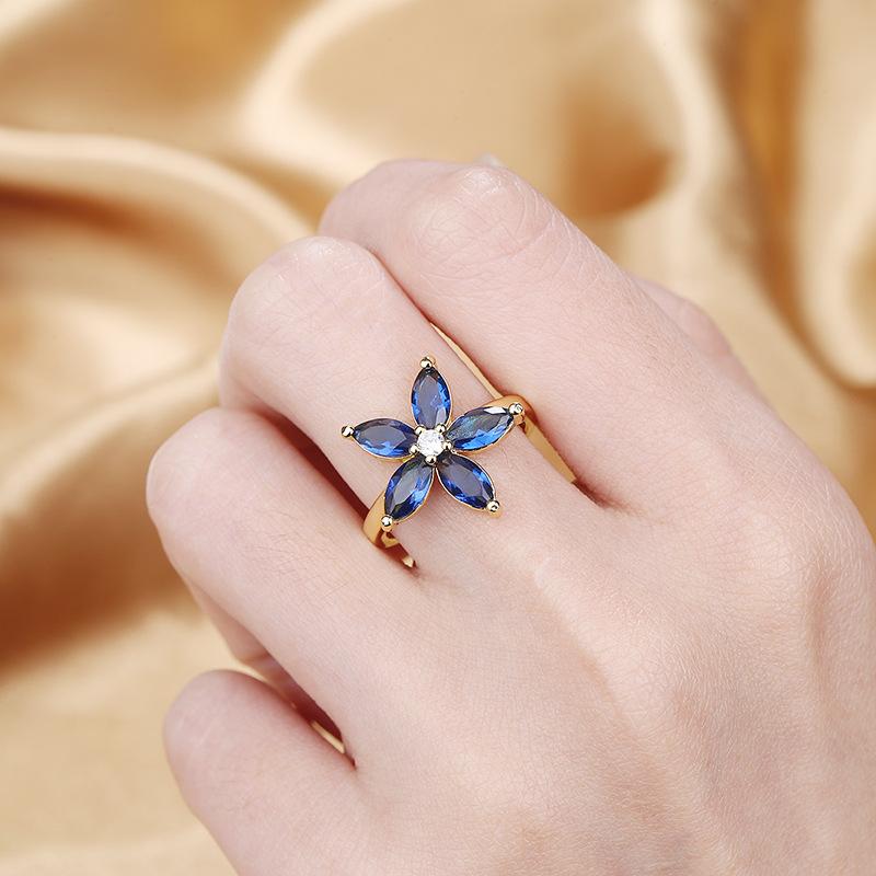 2026 Niche Ring Flower Creative Jewelry Fashion Women Zircon Jewelry Blue Zircon Wedding Light Luxury Ring