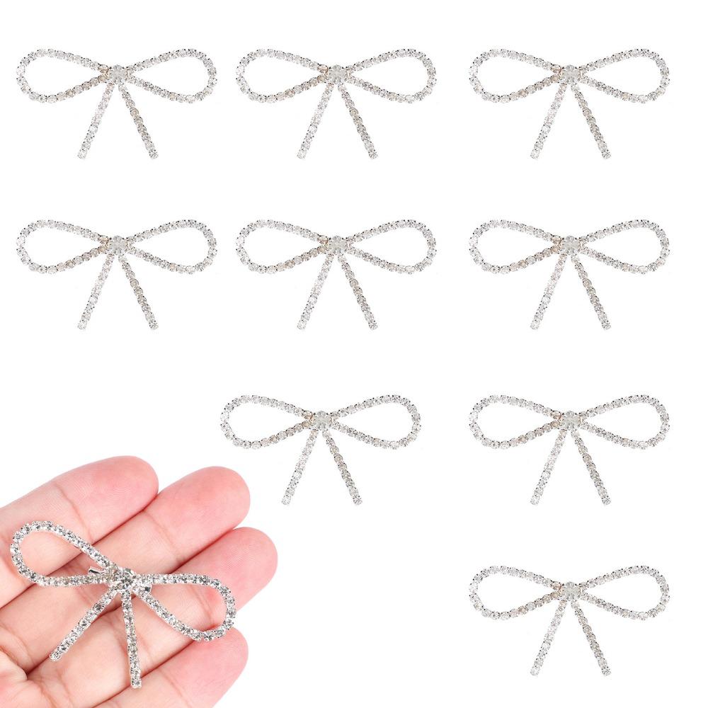 10pcs Vintage Bowknot Bow Brooch Pin Silver Tone Claw Chain Pin Sparkly Rhinestone Brooch  For Women