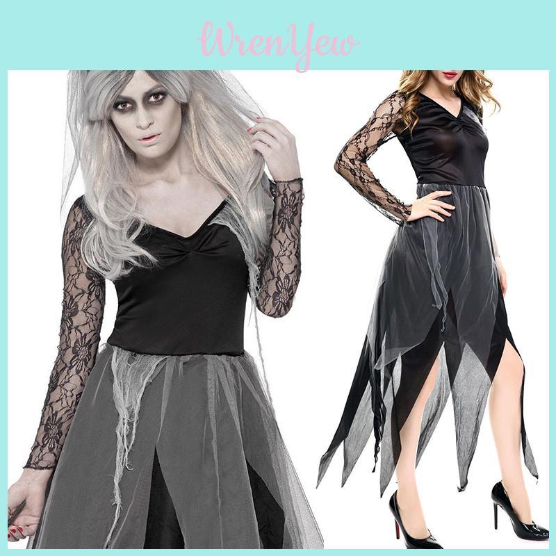 Elegant Ladies Womens Horror Zombie Costume Featuring Lace Hollow Long Sleeves