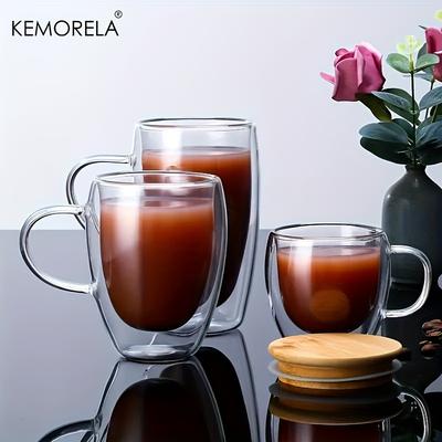KEMORELA Double Walled Glass Coffee Mug 350/450ML with Bamboo Lid Clear Mug with Handles for Hot Beverages Like Cappuccino