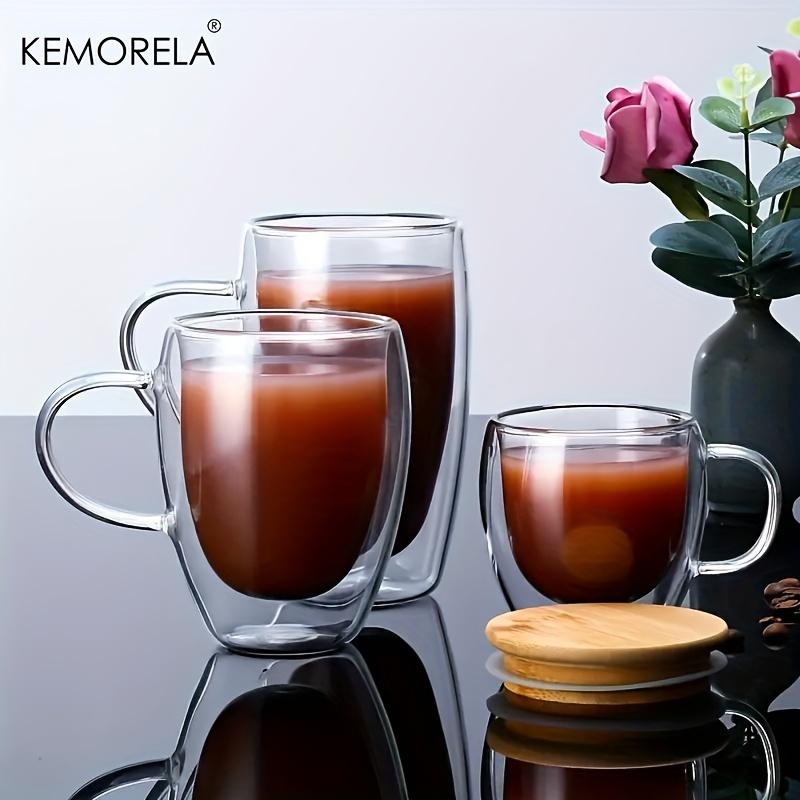 KEMORELA Dubbelwandige Glazen Koffiemok 350/450ML met Bamboe Deksel Heldere Mok met Handvatten voor Warme Dranken zoals Cappuccino