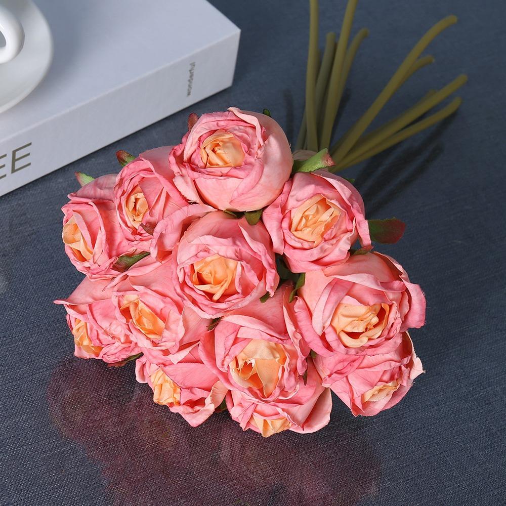 

12PCS/bunch Multicolor Rose Artificial Flowers Silk Petals Scene Landscaping Faux Rose Flower Bridal Bouquet Green Stem розовый