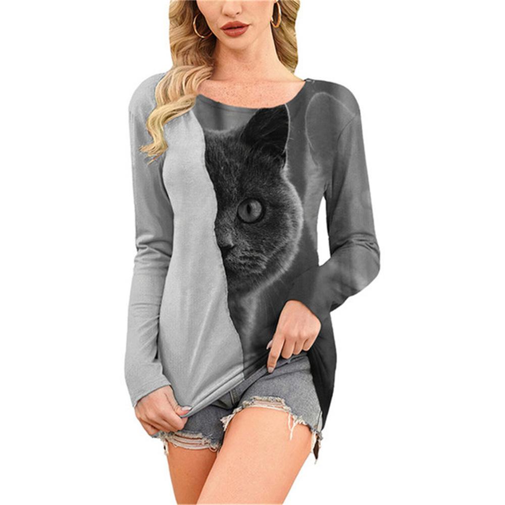 Модная удобная универсальная женская футболка с принтом мультяшного кота с круглым вырезом — фото 6