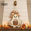 Outdoor Fall Entryway Sign Cute Bow Ghost Hanging Sign, Rustic Retro Floral Door with Pumpkin Harvest Wall Art Basket, Vintage Halloween Wooden