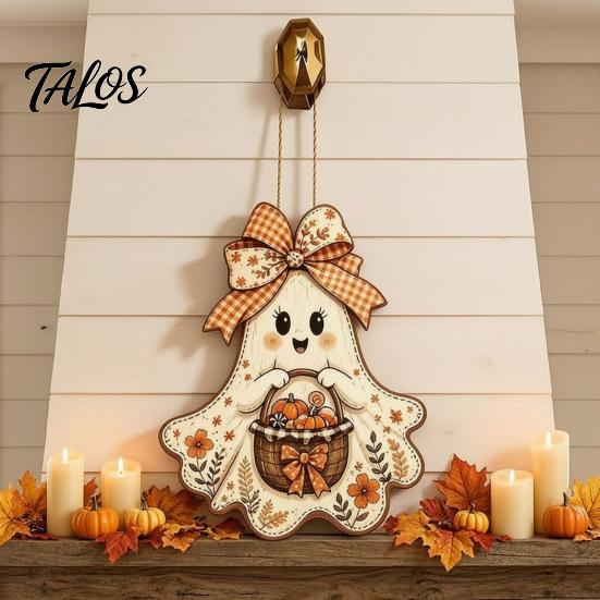 Outdoor Fall Entryway Sign Cute Bow Ghost Hanging Sign, Rustic Retro Floral Door with Pumpkin Harvest Wall Art Basket, Vintage Halloween Wooden