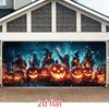 Halloween garage door banner design featuring pumpkin-headed soldiers and zombie army