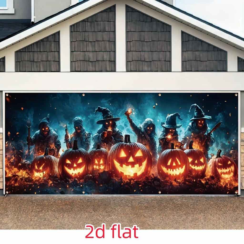 Halloween garage door banner design featuring pumpkin-headed soldiers and zombie army