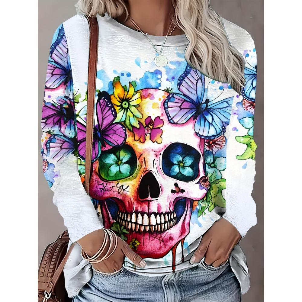 

Весенне-осенние повседневные и элегантные топы больших размеров с принтом бабочек и черепов 5XL