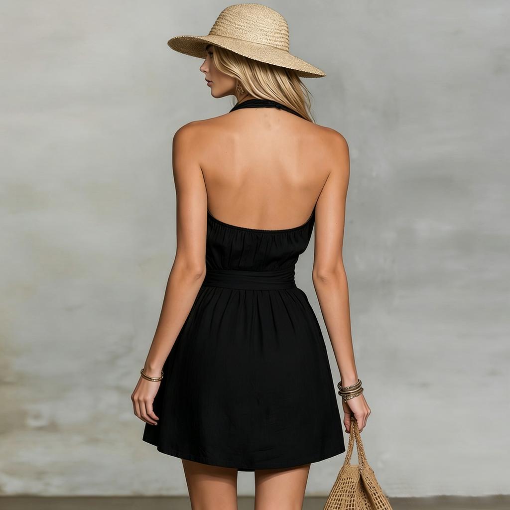 Damen-Minikleid mit Neckholder, verstellbarem Taillenband, ärmellos, rückenfrei, leichte, legere Passform für den Sommer