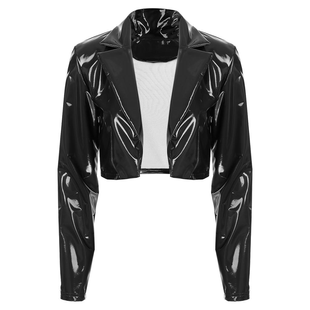 Womens Patent Leather Cropped Jacket Wet Look Lapel Design Long Sleeve Party Coat
