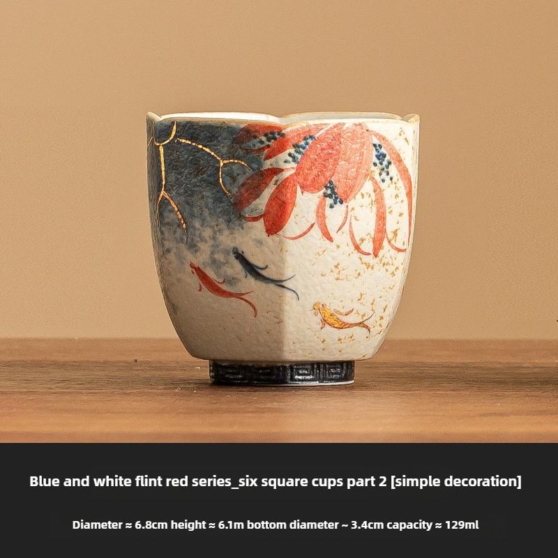 Blue and White Flint Red High-end Master Cup with Gold Stroke Hand-painted Lotus Rhyme, Koi Fish, Hexagonal Cup, Ceramic Tea Cup