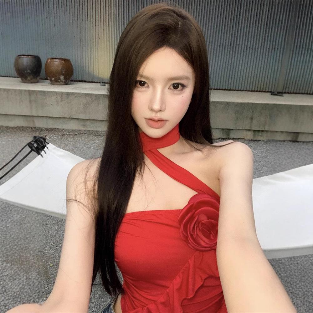 Women's Ruffled Red Halter Tank Top with Irregular Three-Dimensional Flower Design