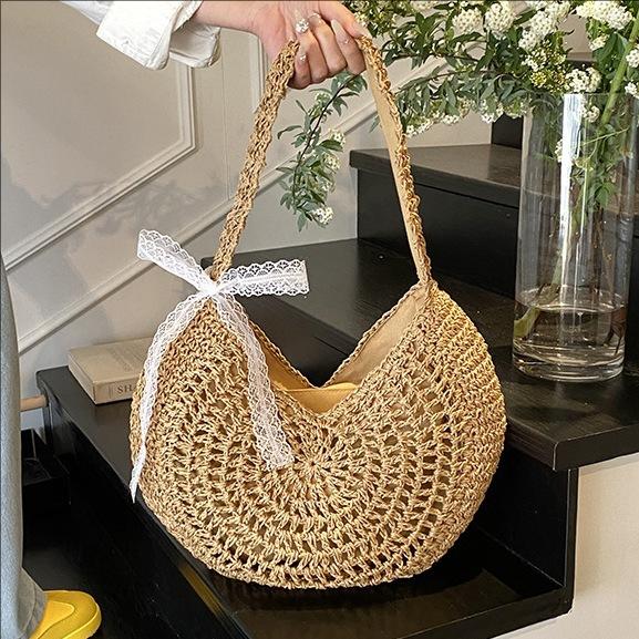 

Yogodlns Summer Weaving Shoulder Bags Large Capacity Travel Vacation Handbags Ladies Vacation Beach Tote Bas Half Moon Women Bags 36x9x21cm бежевый