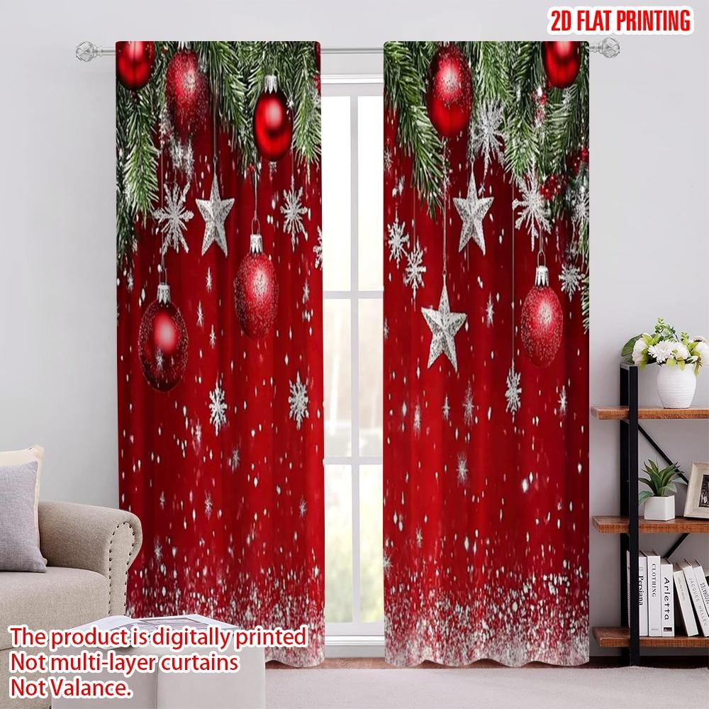 

Flat Printing Merry Christmas Curtain Red Polyester Without Electricity Family Party Decoration Use Curtains Set Of 2 Made W100*H70(CM)-Grommet top&2PCS
