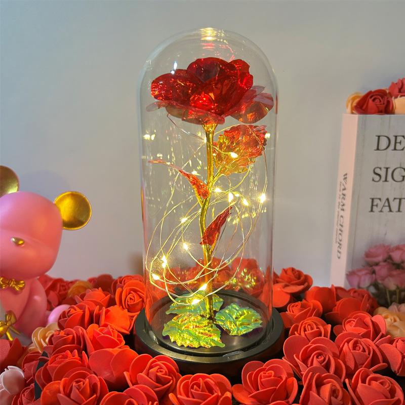 

Artificial Glass Flower with Eternal Rose of the LED Light for Women Beauty and Beast Rose Birthday Gifts for Girls Christmas червоний