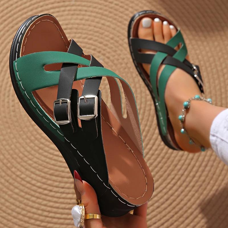 Fashion Mix Color Cross Strap Wedge Slippers Women Summer Non Slip Platform Sandals Woman Lightweight Soft Thick Sole Sandalias Mujer 43