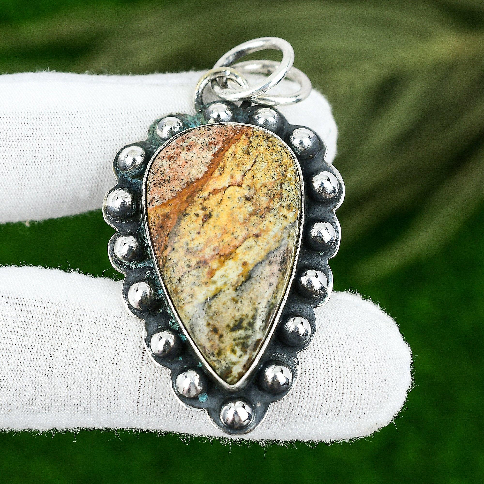 Pear Picture Jasper Stone Sterling Silver Ethnic Bezel Trendy Boho New Pendant