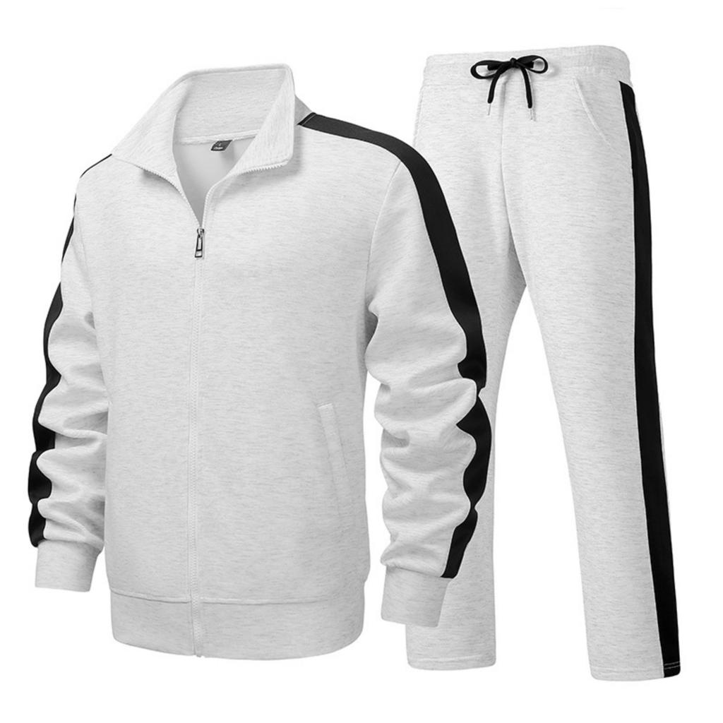Men's Casual And Fashionable Long-sleeved, Lapel, Color-blocking Zipper Jacket, Long Pants And Sporty Slim-fit Suit