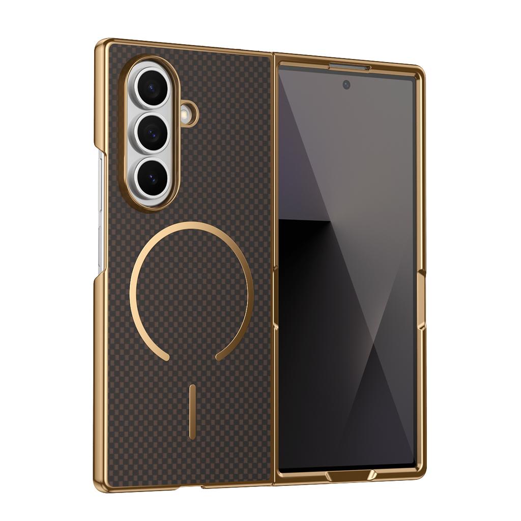 Plating Kavlar Magnetic Phone Case for Galaxy Z Fold 7/6 with Wireless Charging Compatible with Samsung -Includes Tempered Glass