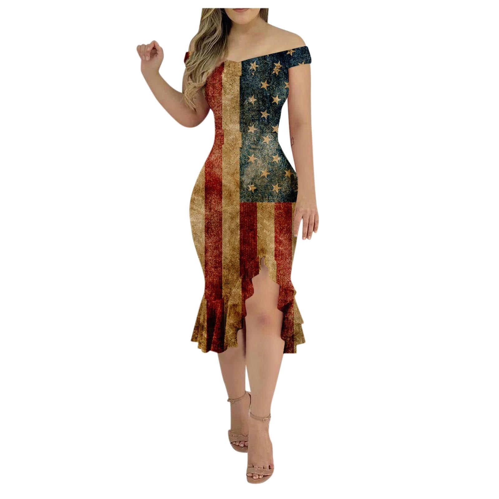 

Женское повседневное праздничное платье, юбка с принтом в честь Дня независимости и боковым разрезом, однотонное платье с крестом, сексуальное платье с открытой спиной XL хаки