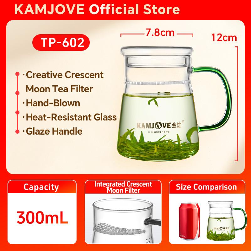 KAMJOVE Halbmond Hitzebeständiges Glas Wasserbecher mit Henkel Teetasse Tee-Trennbecher 300ml Grüntee-Brühbecher Kessel Büro