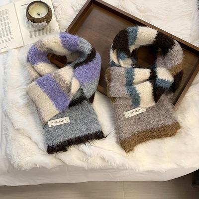 Wool Knitted Scarf Women's Winter New High-end Imitation Wool Student Scarf Warm Striped Shawl