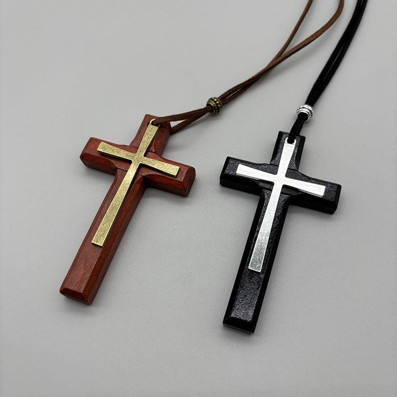 Vintage Retro Alloy Wood Cross Pendant Unisex Sweater Chain Necklace