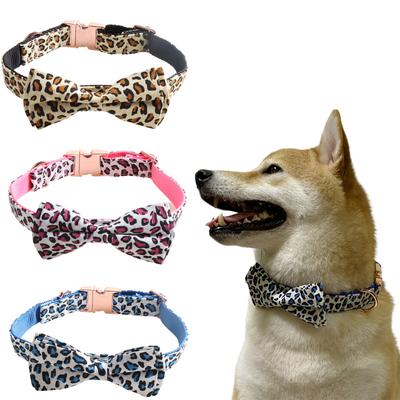 Pet Leopard Print Rose Gold Metal Buckle Bowknot Dog Collar