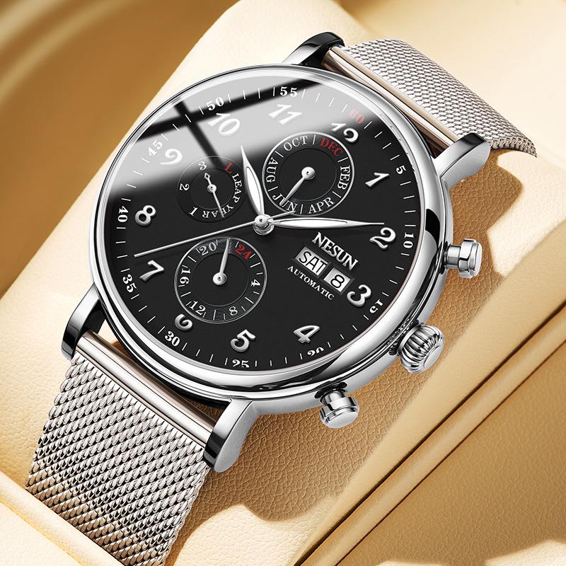 NESUN Herren Automatische Mechanische Uhr, Multifunktionale Wasserdichte Leder-Stahl Armbanduhr 9029