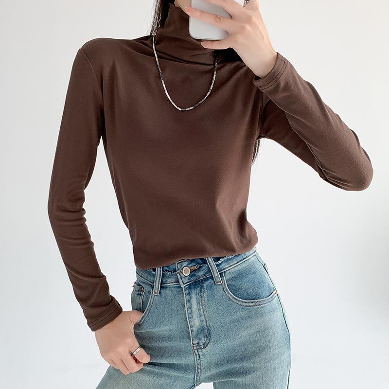 

Женская футболка с высоким воротником и меховой основой, новая весенне-осенняя облегающая одежда для тела, однотонная простая футболка с длинным рукавом XL