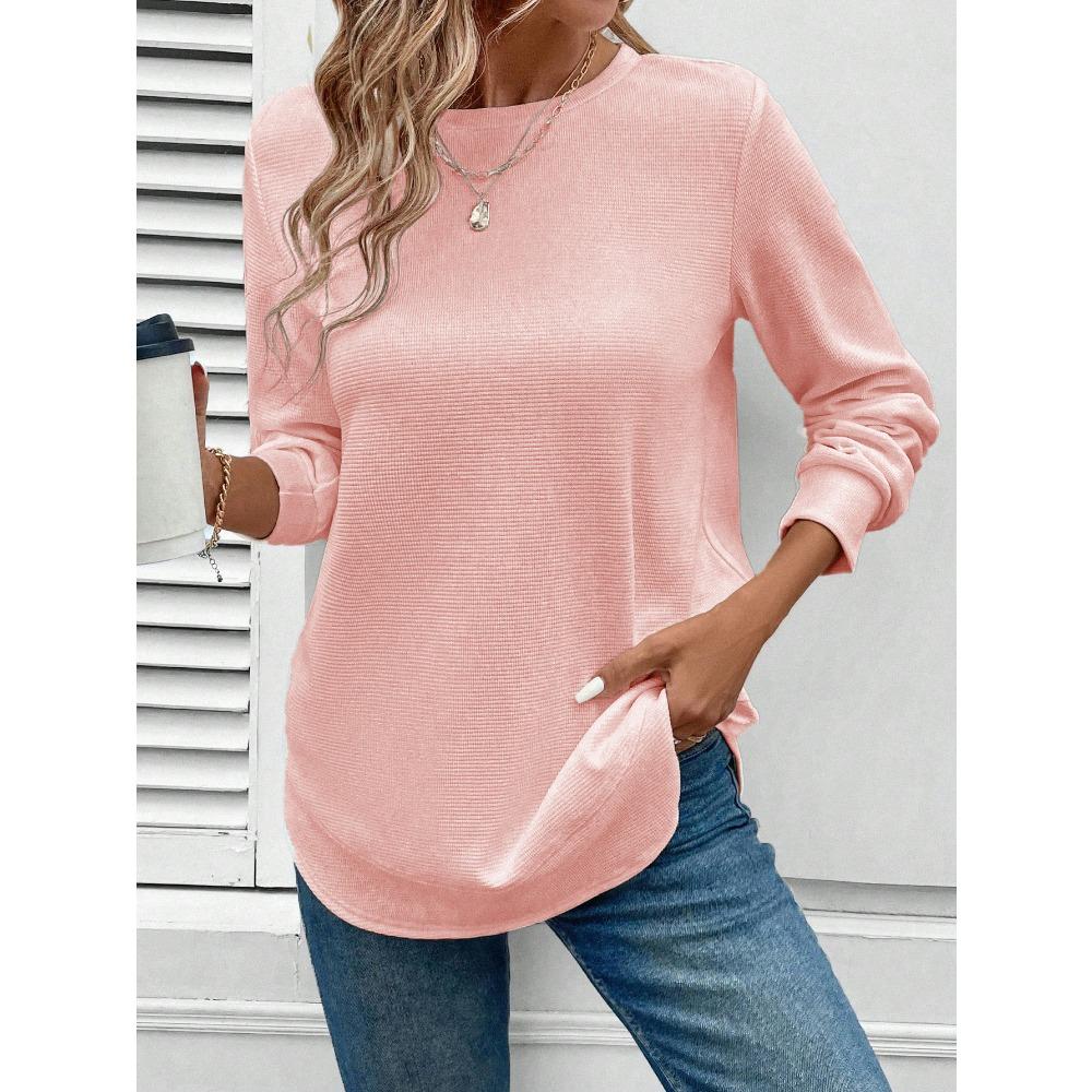 QICED Women's Fashion Casual Solid Color Print Long Sleeve O-Neck Blouses & Shirts