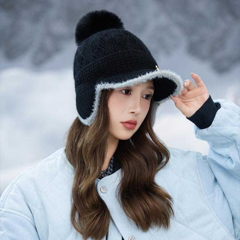 Autumn and Winter Velvet Warm Duck Knitted Hat Outdoor Leisure Cold Wind Snow Ear Hat Women's Winter Knitted Wool Hat Outdoor Travel Windproof Hat