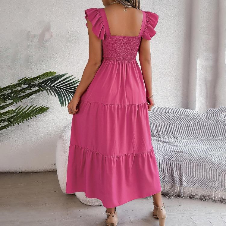 Autumn Winter Women Elegant High Waist Pleated Dress Short Sleeve Solid Color Lace Up Fashion