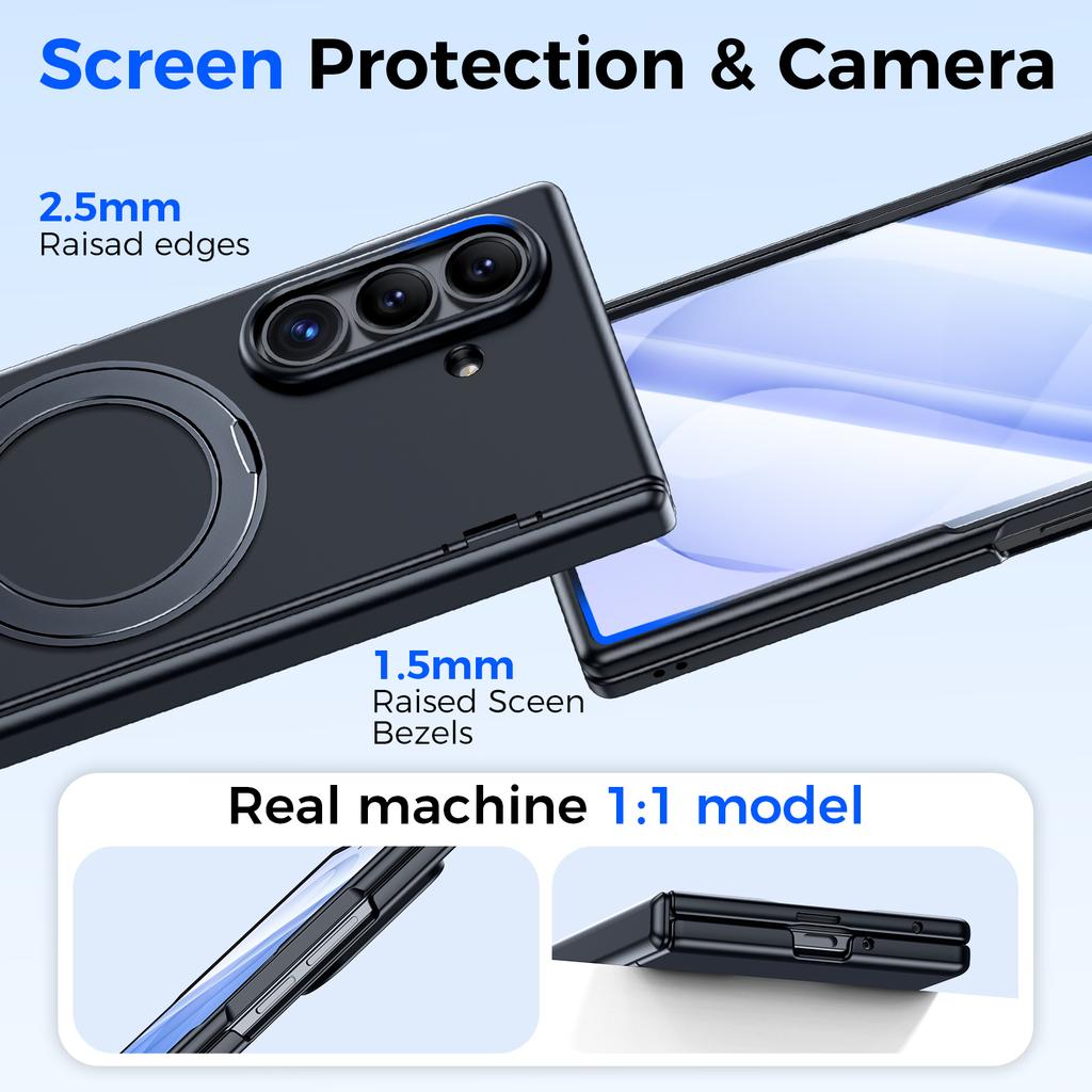 Samsung Galaxy Z Fold 8 Ultra Case with Hinge Protection Magnetic Ring Stand and Tempered Glass Screen Protector-Black