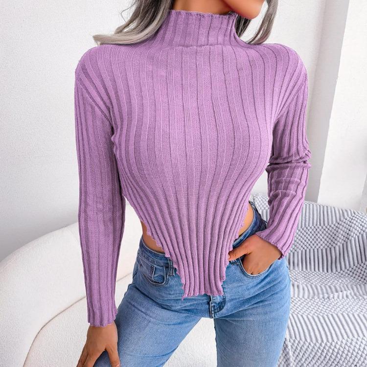 Sexy Women Asymmetrical Knit Sweater Long Sleeve Half High Collar Undercoat Autumn Winter