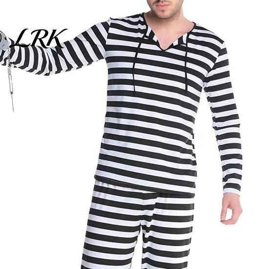 Black White Striped Outfits Prisoner Costume for Adult, Women Mini Dress, Men Top Jail Pants, Halloween Dress-Up Inmate Uniform with Hat & Cuffs Adult