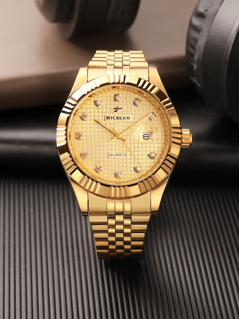 1pc Quartz Watch with Calendar Display Dial Set with Diamonds and Textured Design Fashionable Jewelry Accessories Dual Calend
