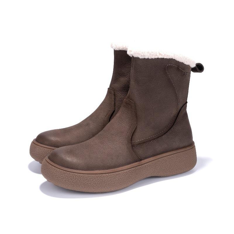 The first layer of cowhide retro snow boots women's winter new velvet thickened thermal cotton boots thick-soled short boots