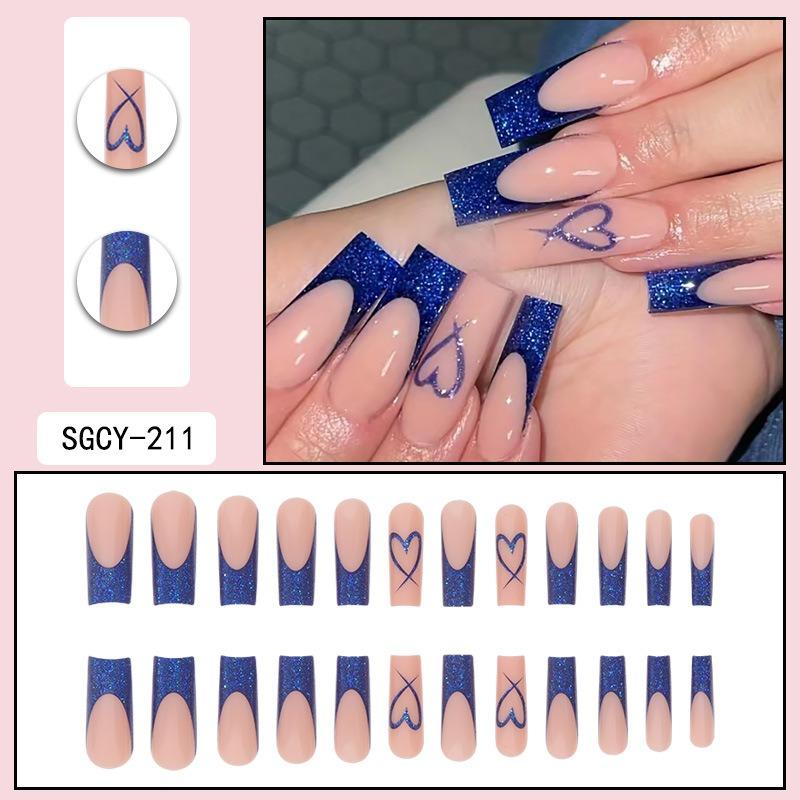 Long sparkling Enchantress blue Valentine's Day heart stripe simple brush European and American INS style hot girl wearing nail tips wholesale