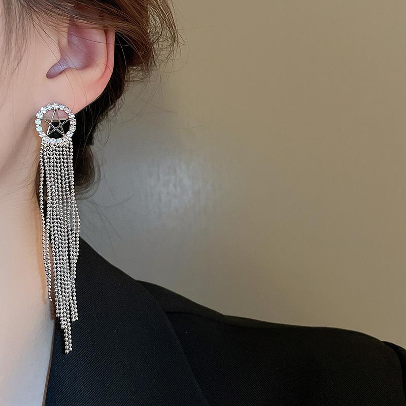 New diamond-encrusted tassel long ear buckle Korean simple design earrings high-end temperament earrings