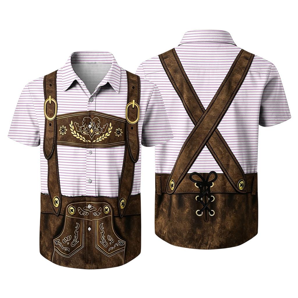 Men's Short Sleeve Button Down Shirt Retro Beer Festival Print Casual Loose Fit Party Shirt with Traditional Lederhosen Design for Everyday Wear