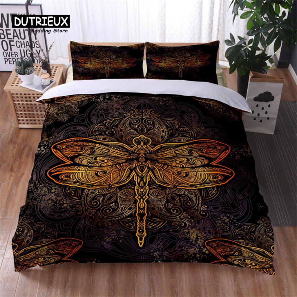 Bohemian Geometric Pattern Bedding Set Dragonfly Chic Mandala Floral Duvet Cover With Pillowcases For Kids Adults Bedroom Decor