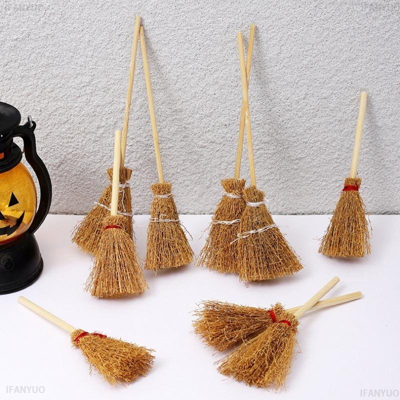 20Pcs 14cm Mini Witch Broom Halloween Decorations Straw Bamboo Handmade Ornaments for Halloween Party DIY Craft Decor Supplies