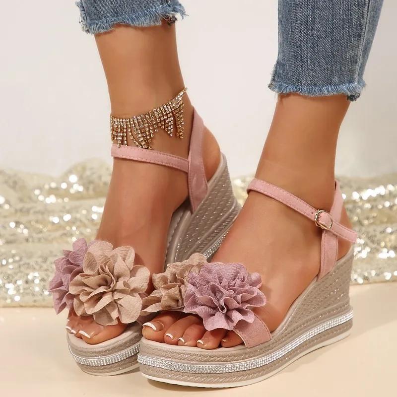 

Fashion 2025 Plus Size Shoes Female Open Toe Women s Sandals Fashion Dress Sandals Women Floral Buckle Strap High Wedges Shoes Women 35